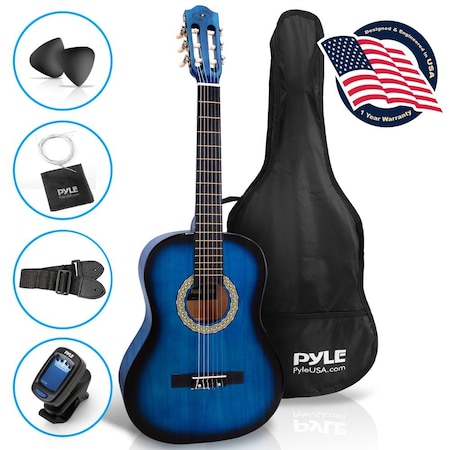 Pyle 36'' -Inch 6-String Classic Guitar - 3/4 Size Scale Guitar with Digital Tuner & Accessory Kit, (Blue PGACLS82BLU.9